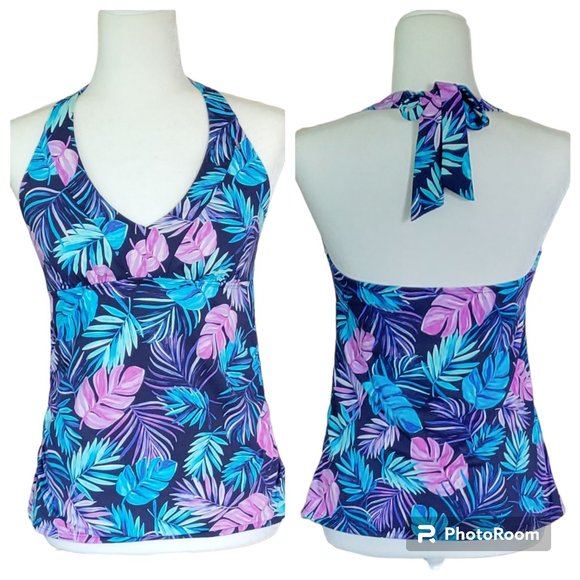 Lands' End Purple Tropical Palm Print Halter Tankini Swim Top Size 8 New - Picture 1 of 9
